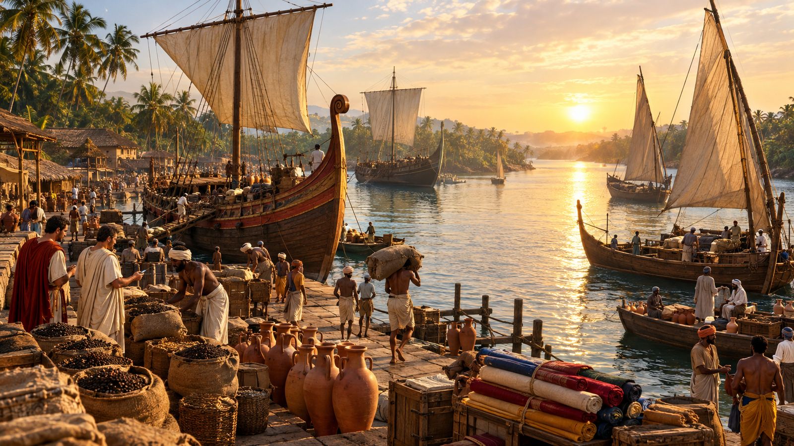 Ancient trading ships at the port of Muziris on the Kerala coast