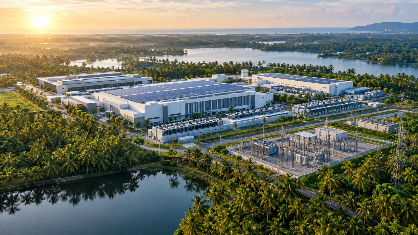 Illustration of an AI data-centre campus beside Kerala backwaters